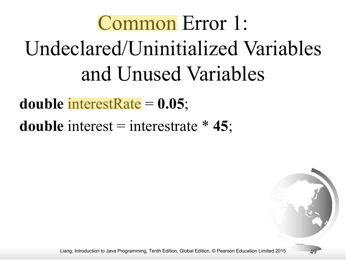Slide 49: Common Error 1: Undeclared/Uninitialized Variables and Unused Variables