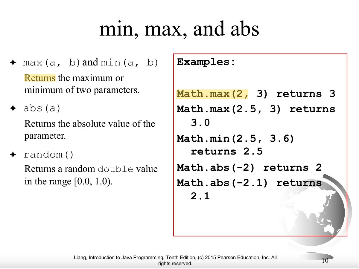 Slide 10: min, max, and abs