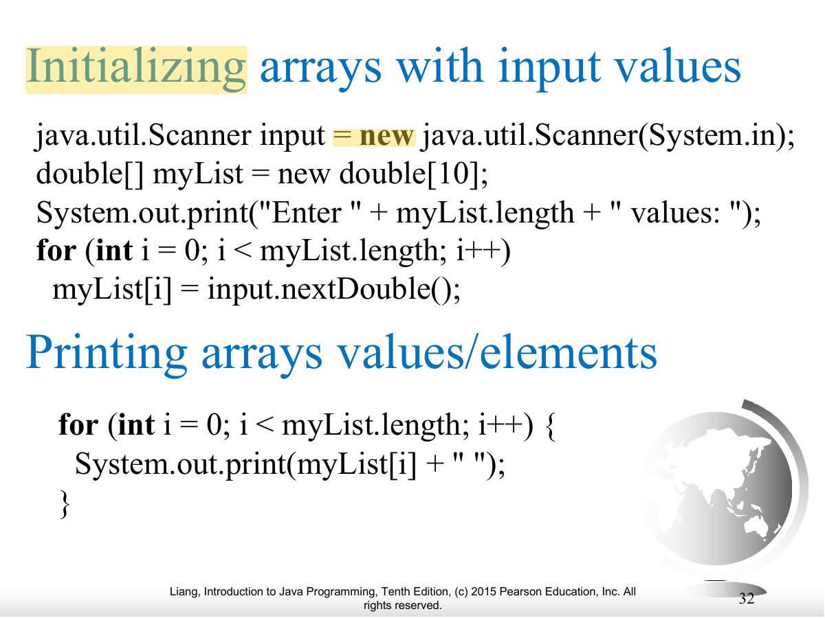 Slide 32: Initializing arrays with input values