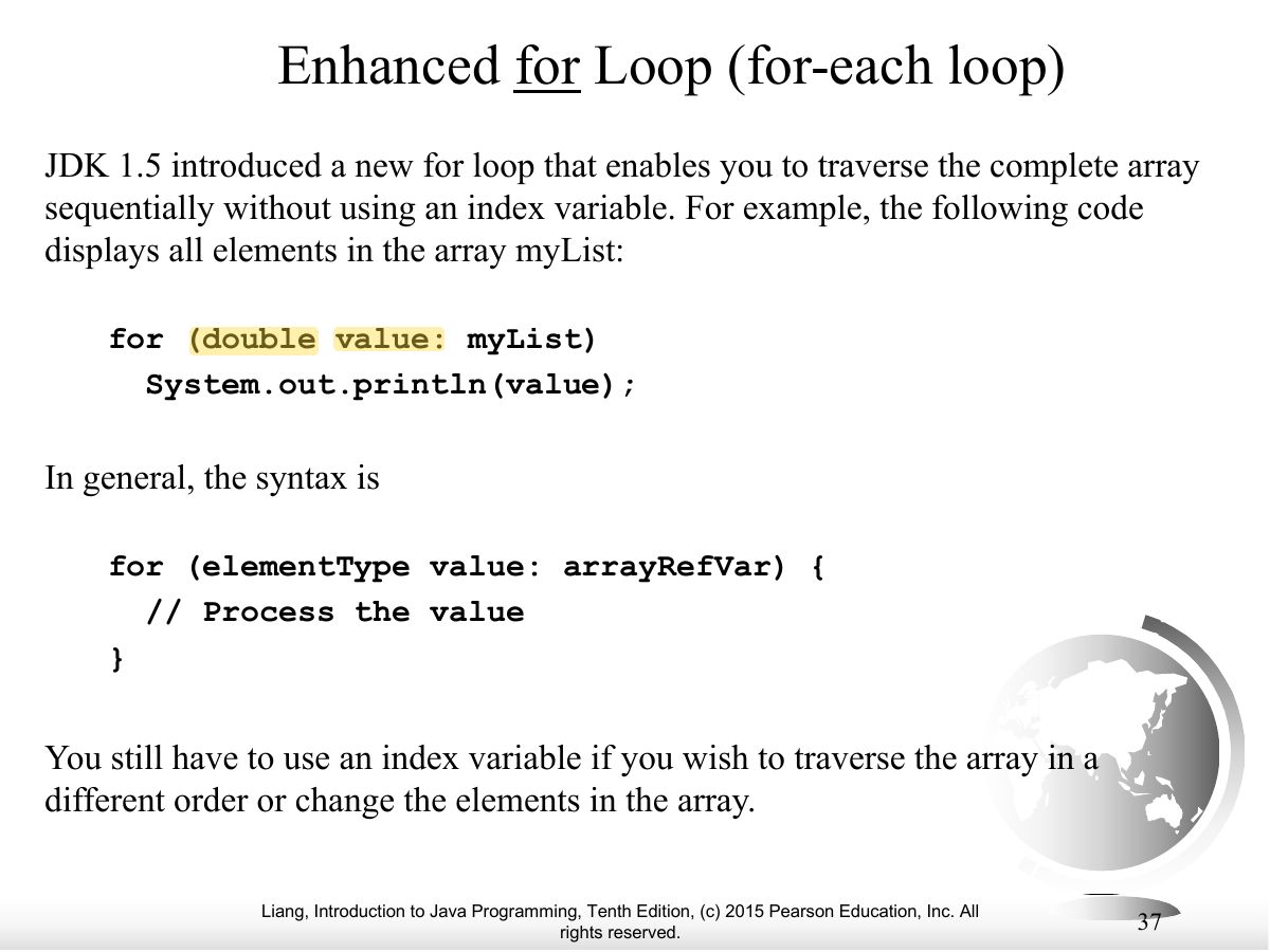 Slide 37: Enhanced for Loop (for-each loop)