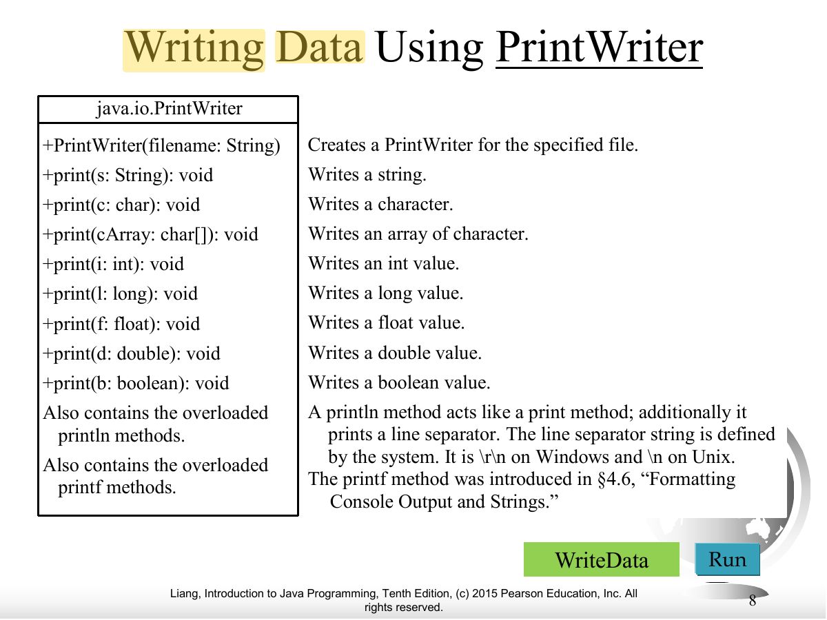 Slide 8: Writing Data Using PrintWriter