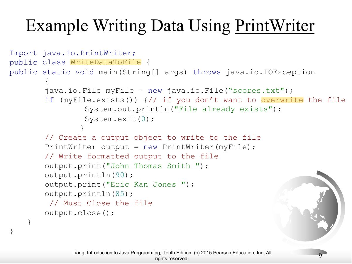 Slide 9: Example Writing Data Using PrintWriter