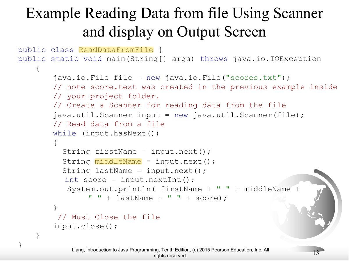 Slide 13: Example Reading Data from file Using Scanner and display on Output Screen
