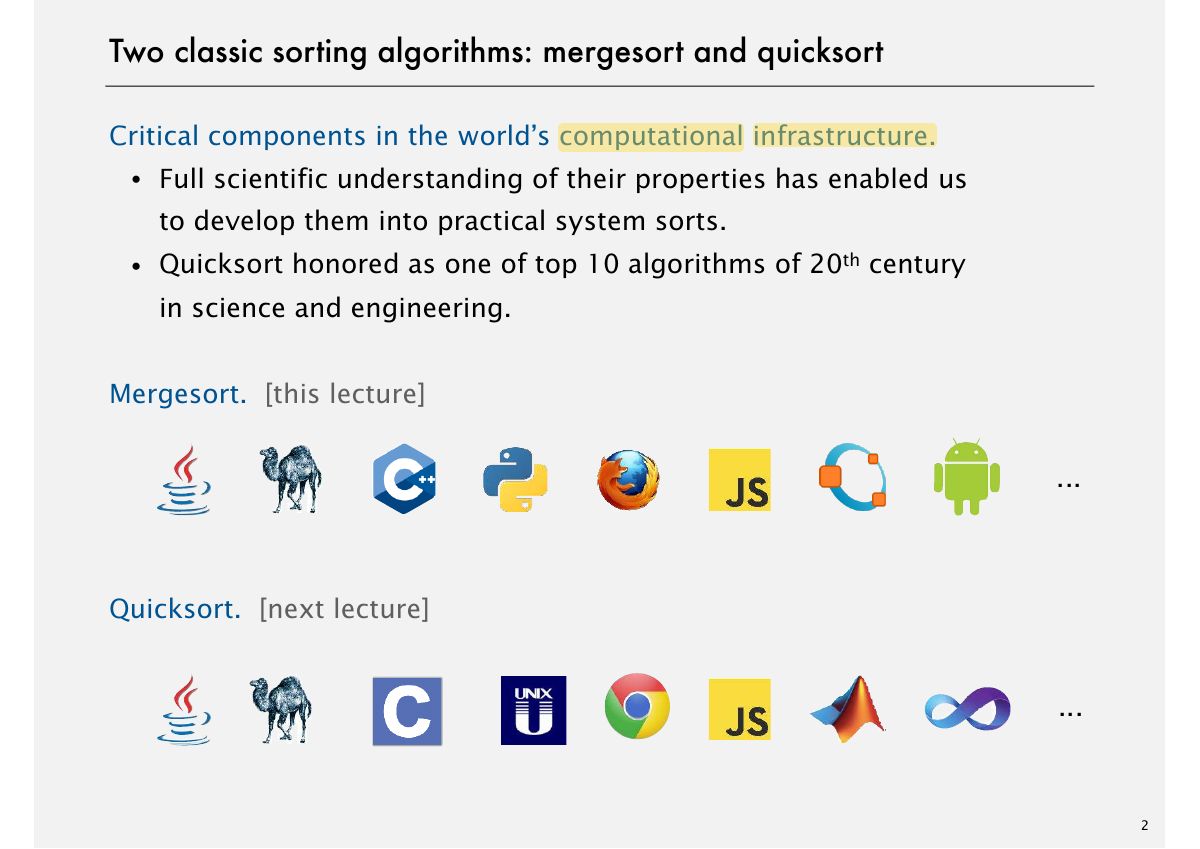 Slide 2: Two classic sorting algorithms: mergesort and quicksort
