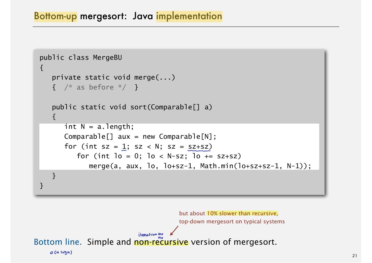 Slide 21: Bottom-up mergesort: Java implementation