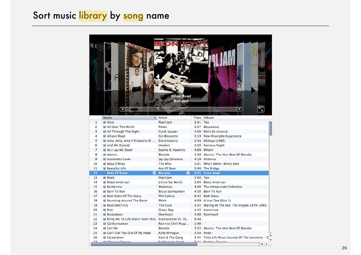Slide 26: Sort music library by song name