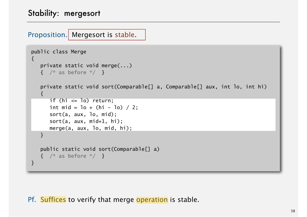 Slide 38: Stability: mergesort