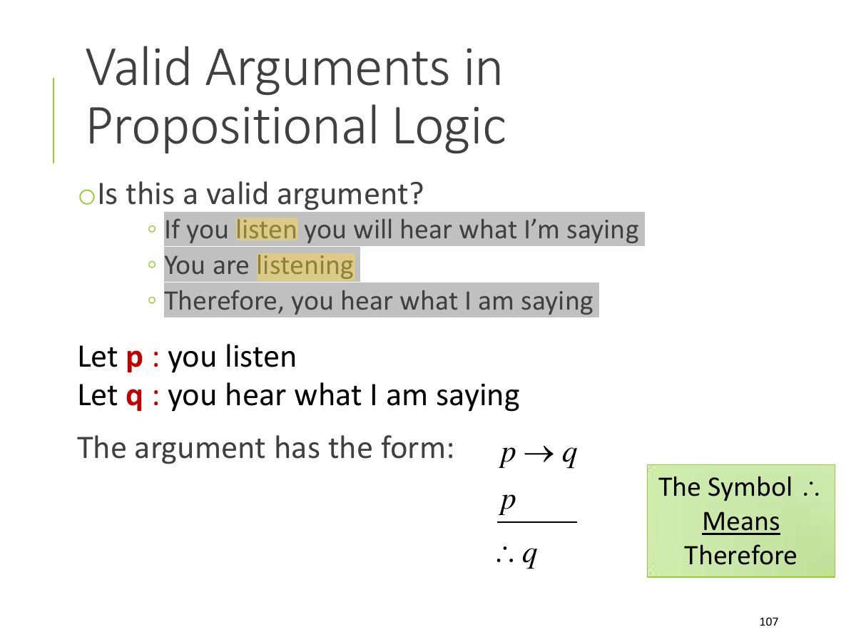 Slide 107: Valid Arguments in Propositional Logic