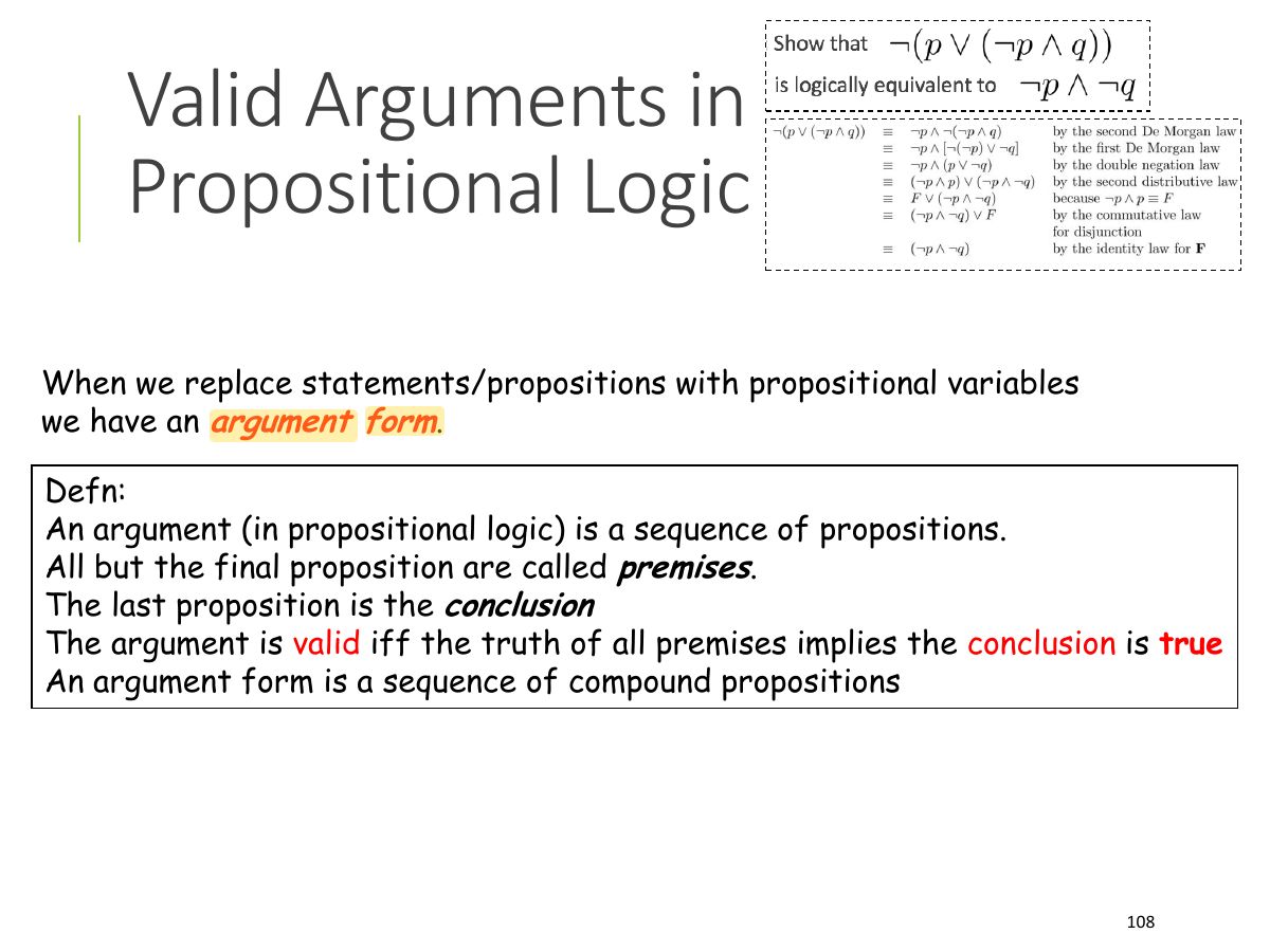 Slide 108: Valid Arguments in Propositional Logic