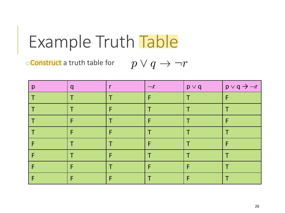 Slide 26: Example Truth Table