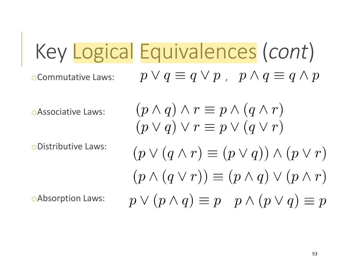 Slide 53: Key Logical Equivalences ( cont )