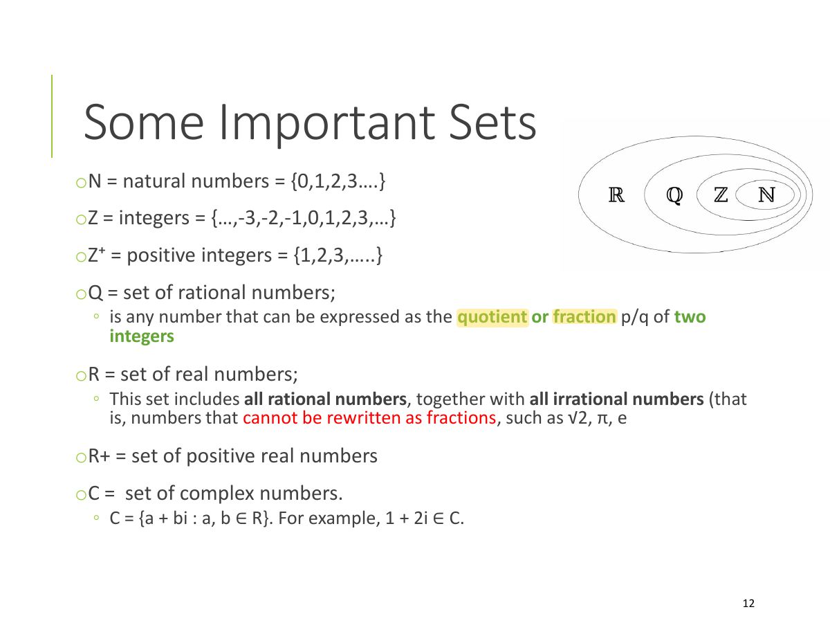 Slide 12: Some Important Sets