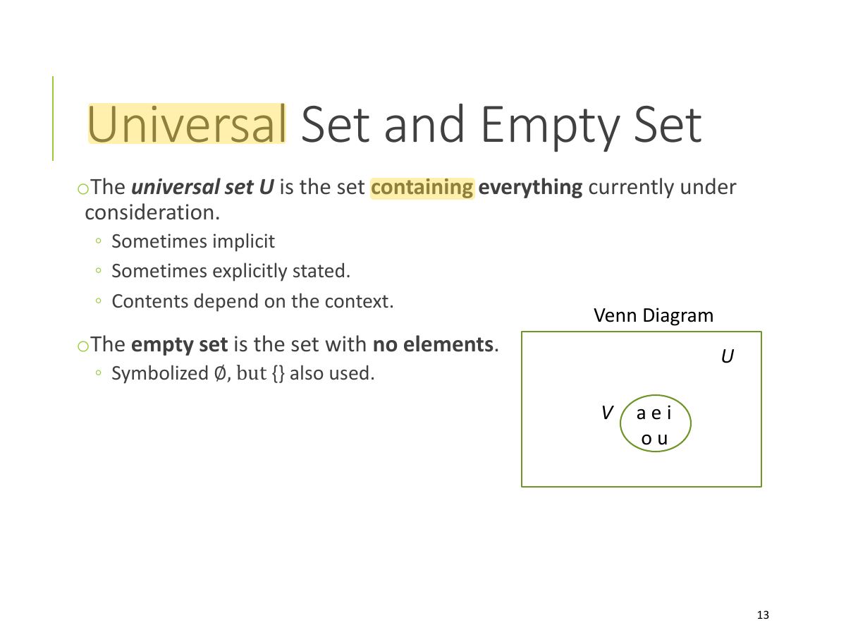 Slide 13: Universal Set and Empty Set