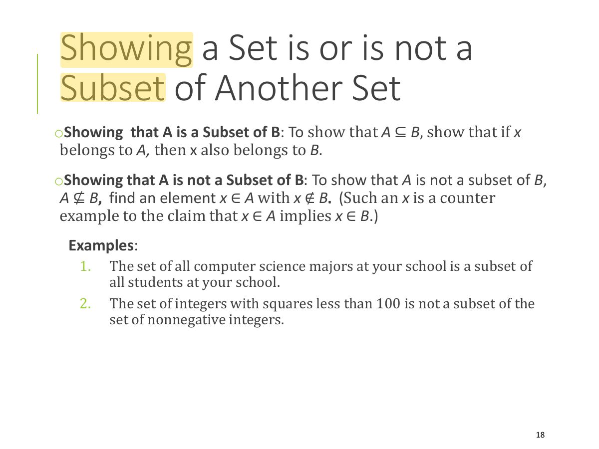 Slide 18: Showing a Set is or is not a Subset of Another Set