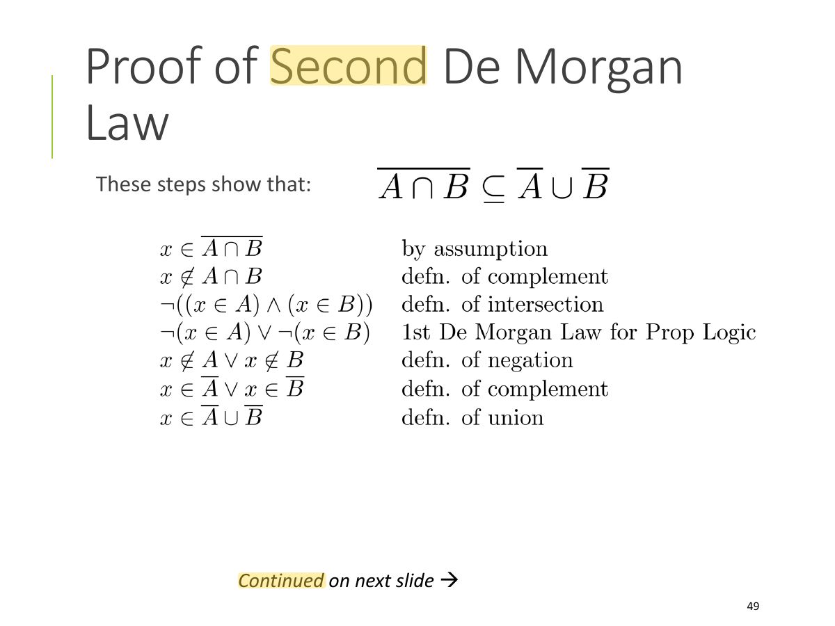 Slide 49: Proof of Second De Morgan Law
