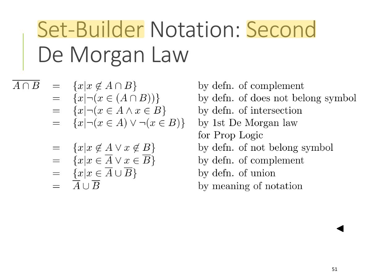 Slide 51: Set-Builder Notation: Second De Morgan Law