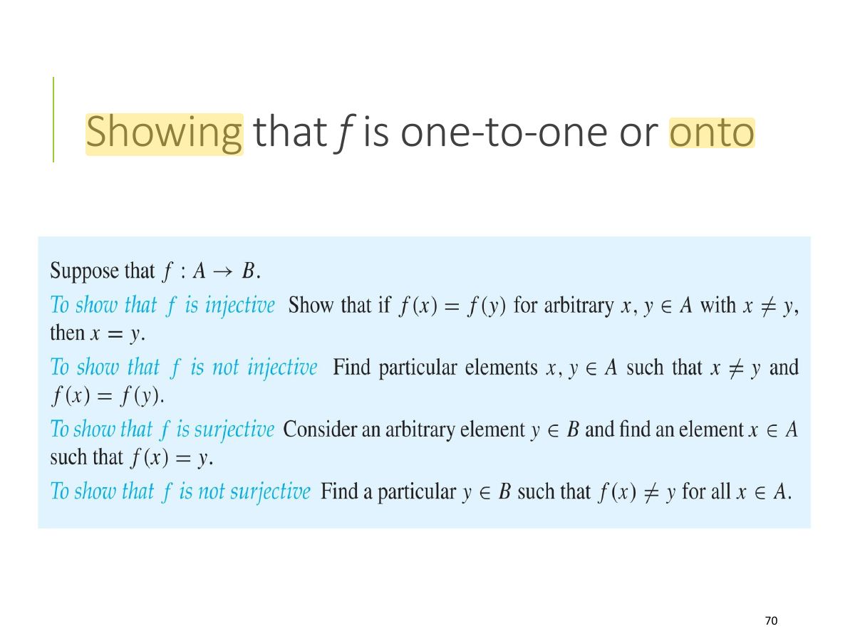 Slide 70: Showing that f is one-to-one or onto