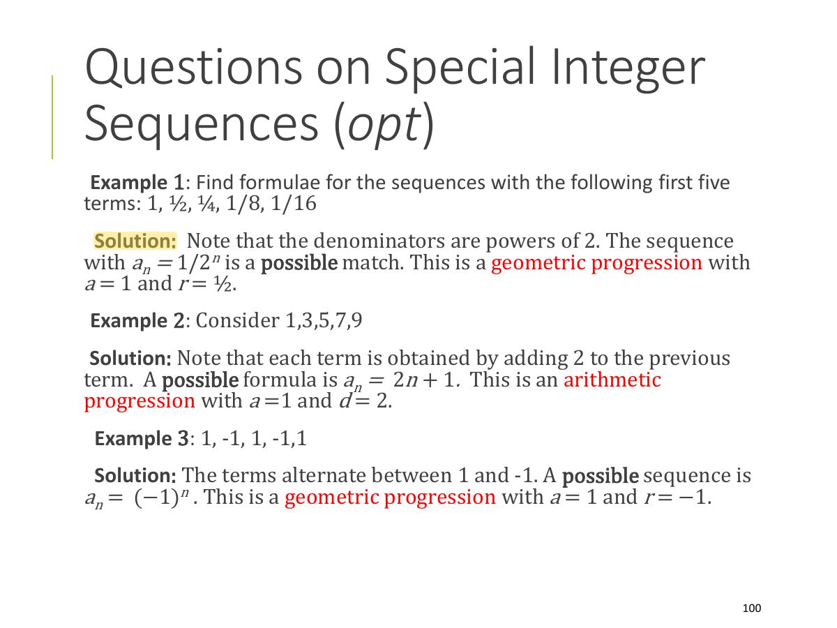 Slide 99: Questions on Special Integer Sequences ( opt )