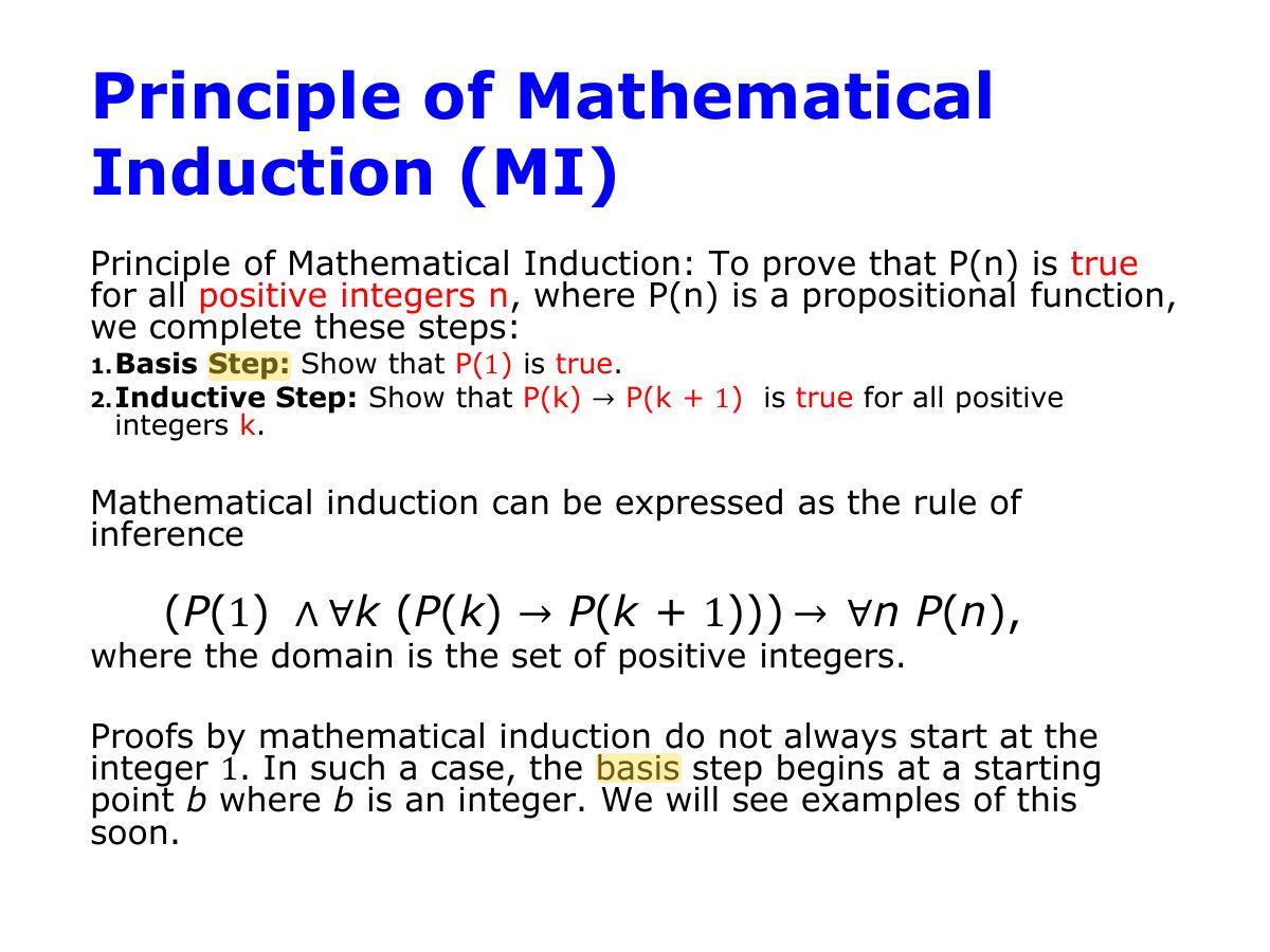Slide 4: Principle of Mathematical Induction (MI)