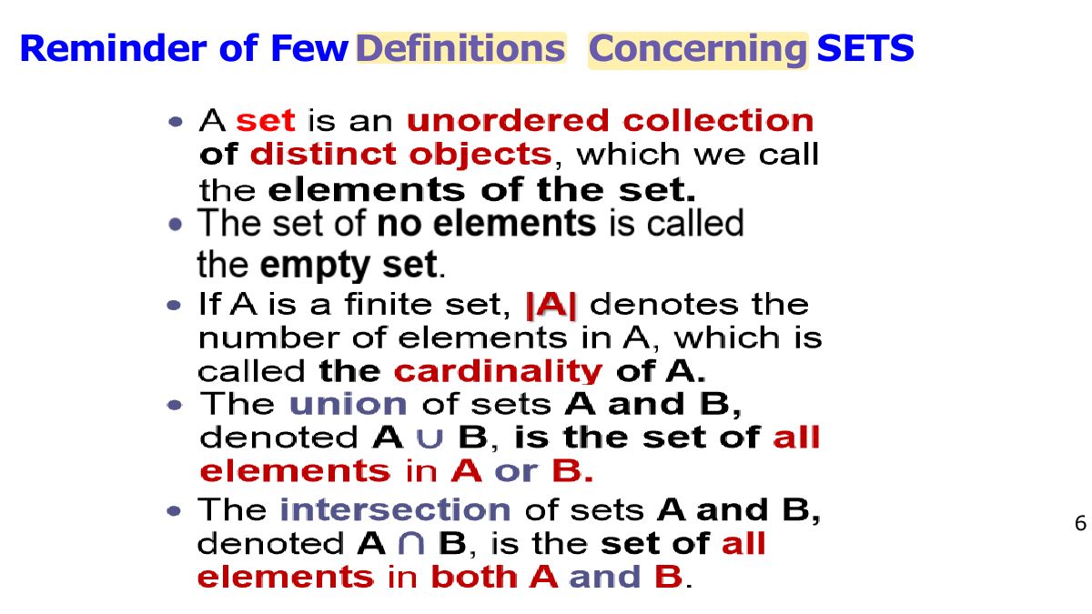 Slide 6: Reminder of Few Definitions Concerning SETS