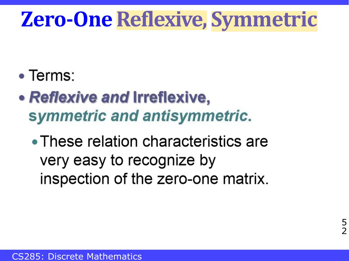 Slide 52: Zero-One Reflexive, Symmetric
