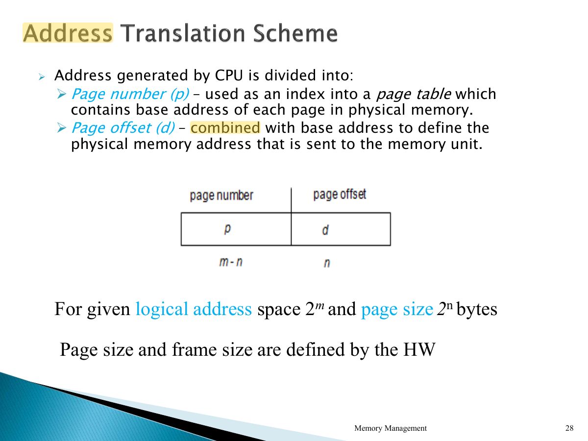 Slide 28: ➢ Address generated by CPU is divided into: