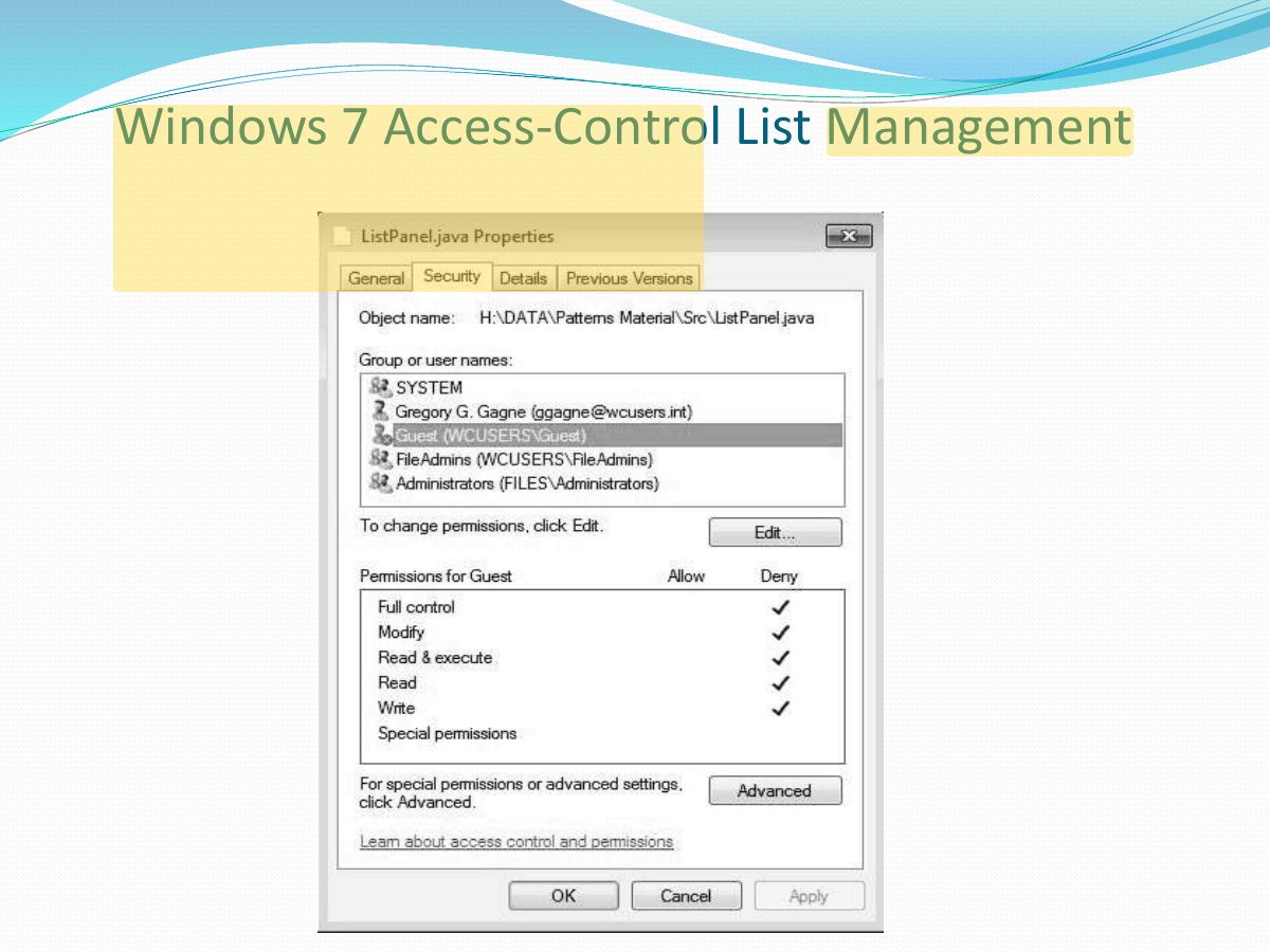 Slide 30: Windows 7 Access-Control List Management