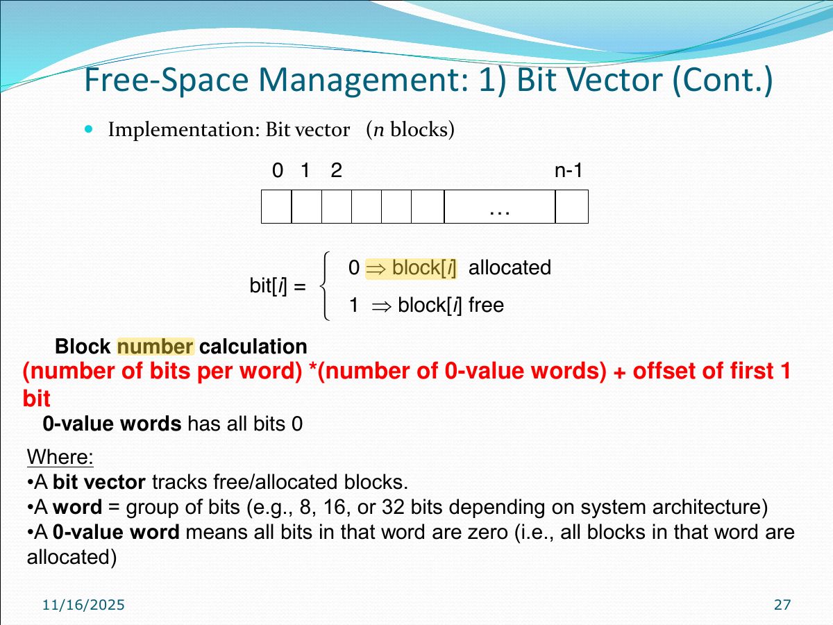 Slide 27: Free-Space Management: 1) Bit Vector (Cont.)