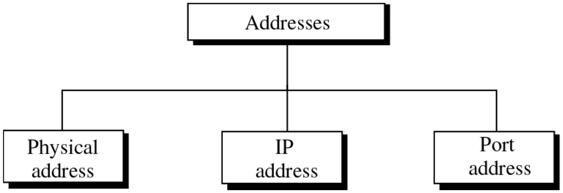 Addresses: physical address, IP address, port address