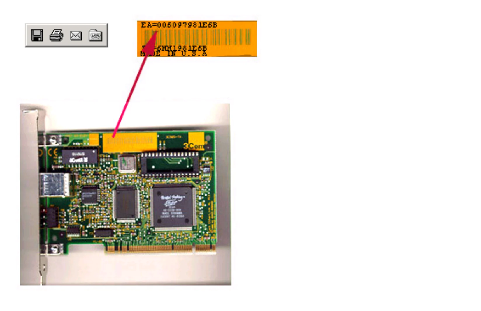 A network card with its MAC address printed on a sticker
