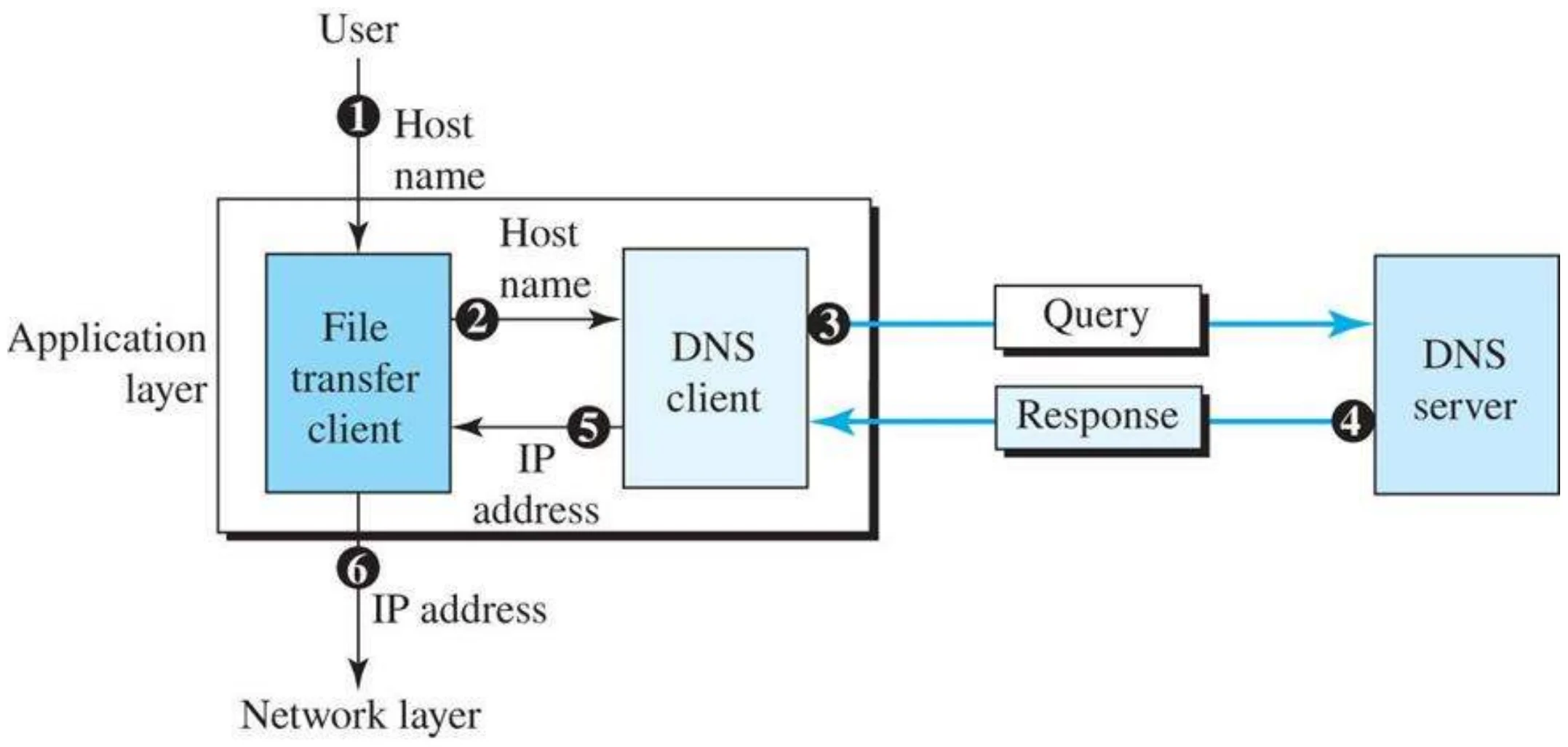 A file transfer client passes the host name to the DNS client, which queries the DNS server and returns the IP address