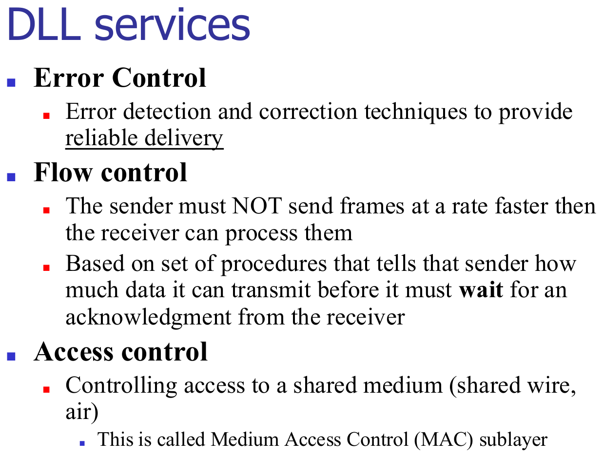 The data link layer's services: error control, flow control and access control.