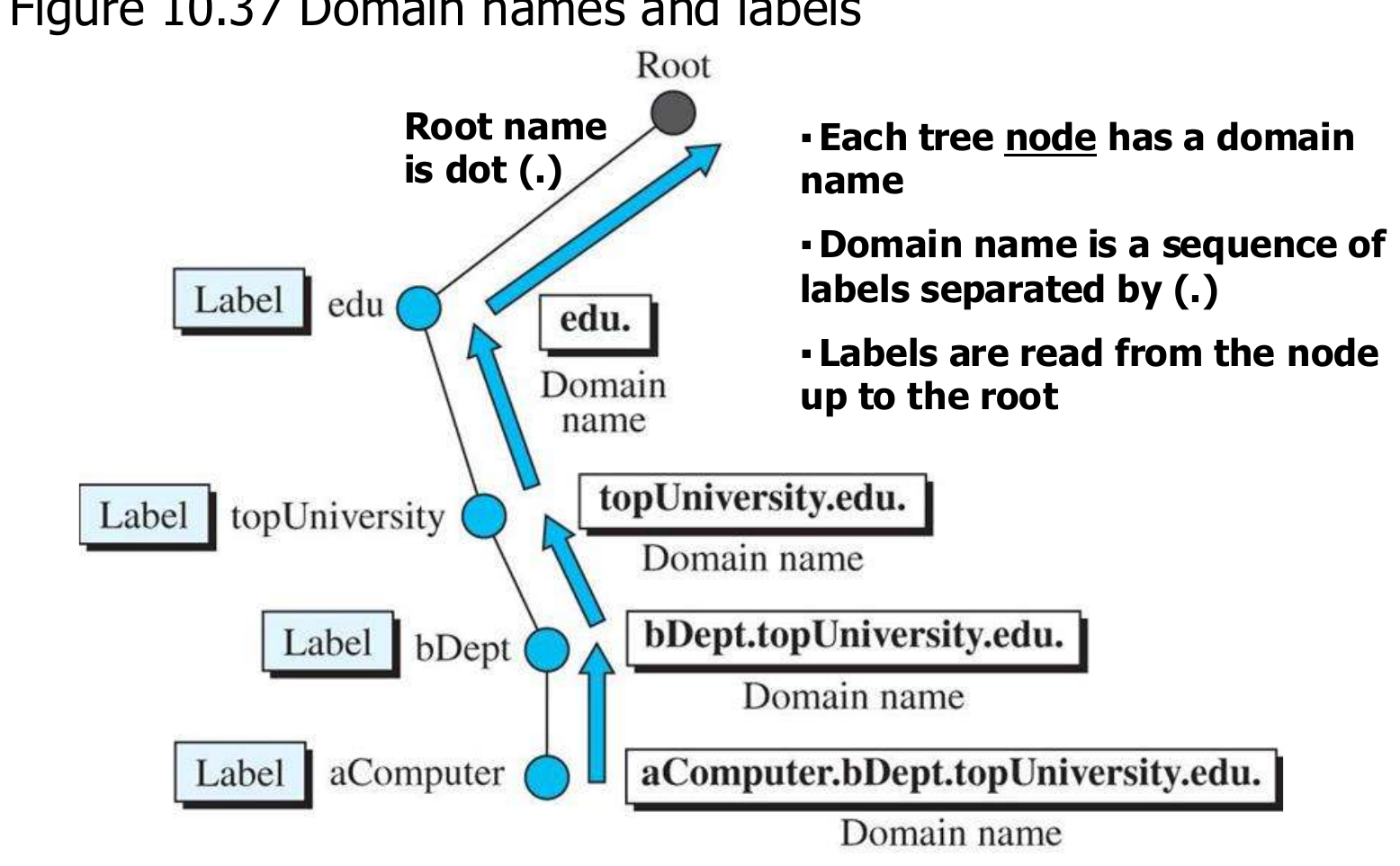 Domain names and labels: the name is read from the node up to the root.