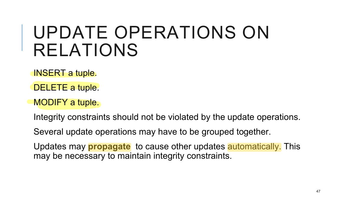 Slide 47: UPDATE OPERATIONS ON RELATIONS
