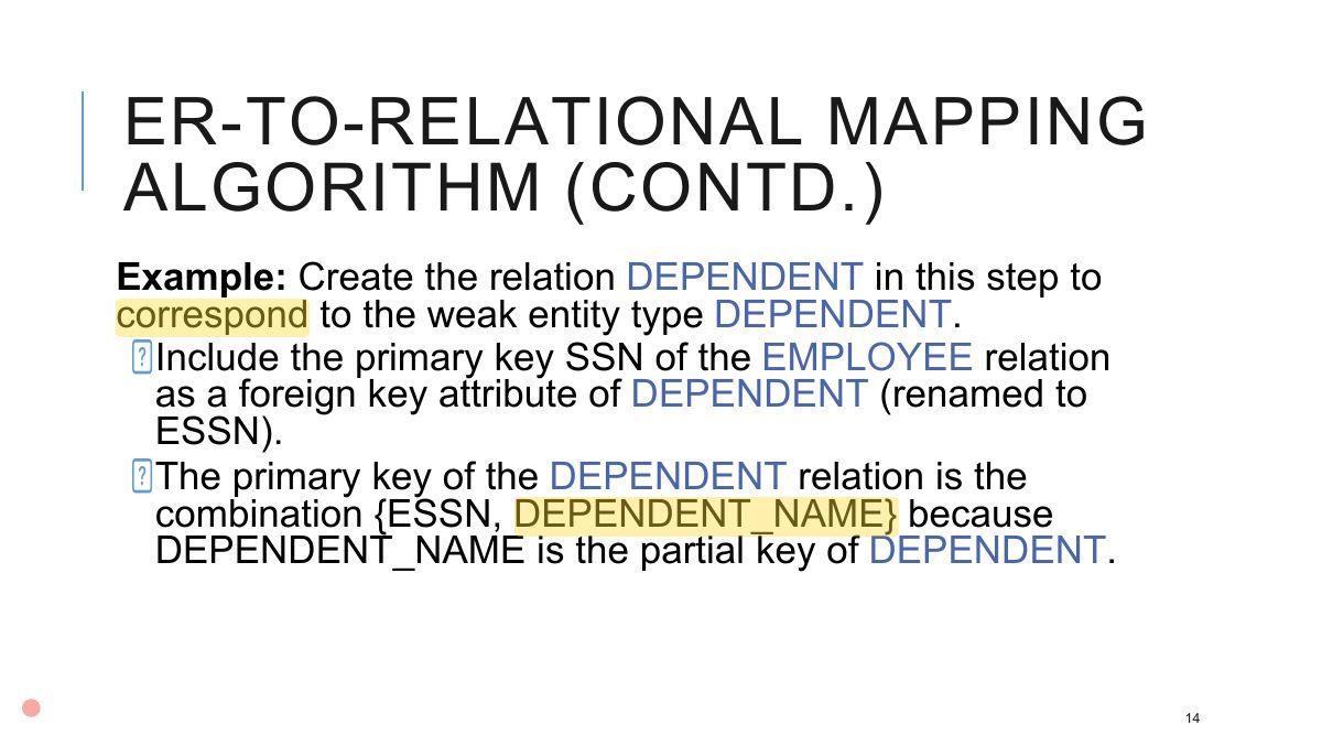 Slide 14: ER-TO-RELATIONAL MAPPING ALGORITHM (CONTD.)