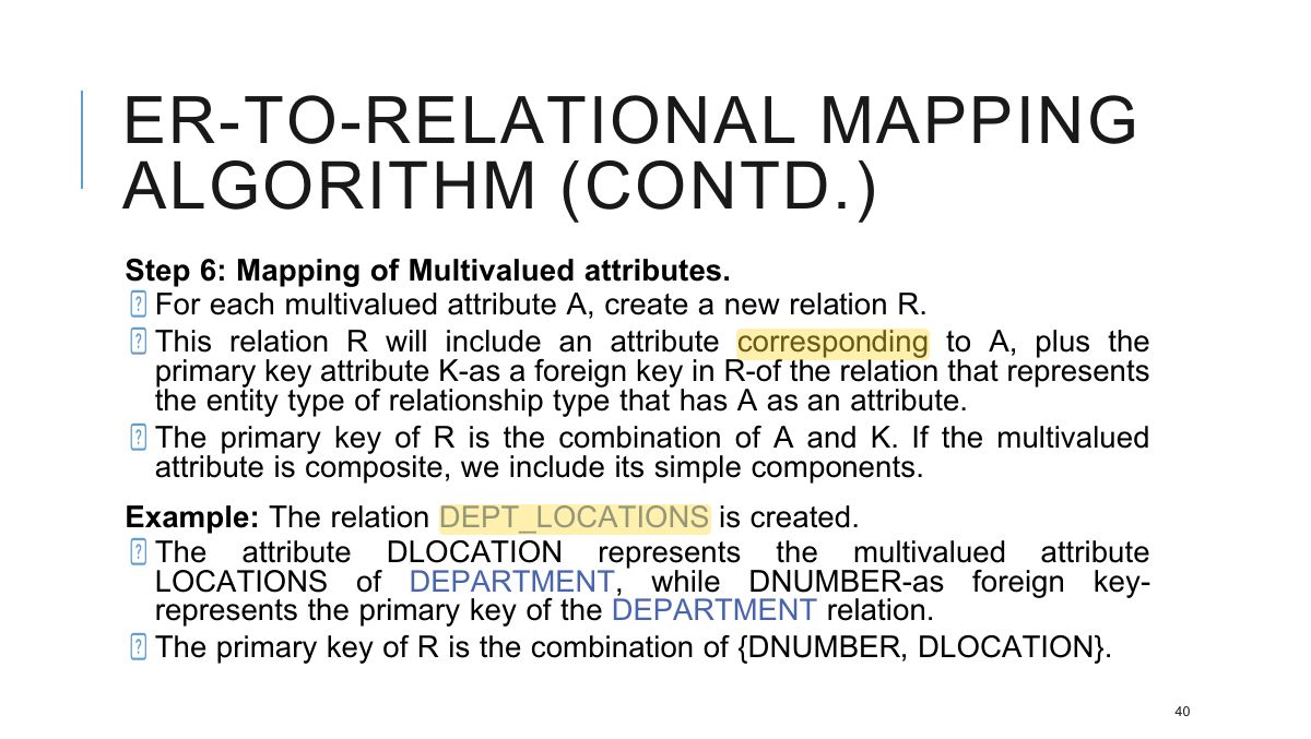 Slide 40: ER-TO-RELATIONAL MAPPING ALGORITHM (CONTD.)
