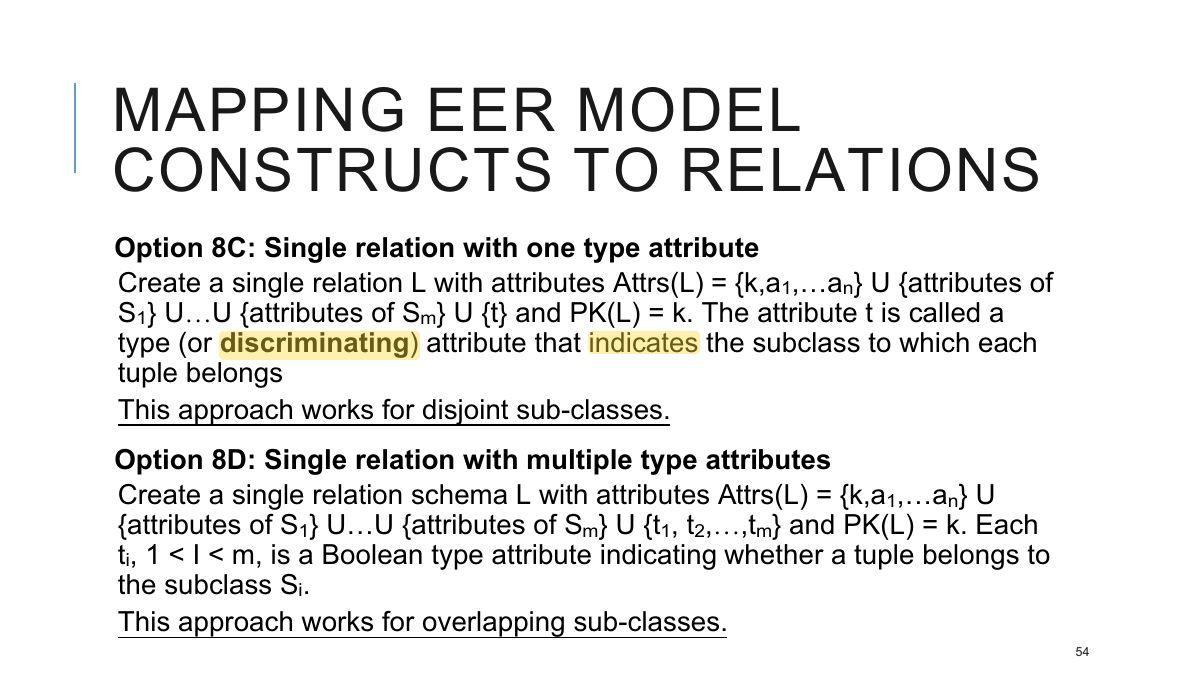 Slide 54: MAPPING EER MODEL CONSTRUCTS TO RELATIONS