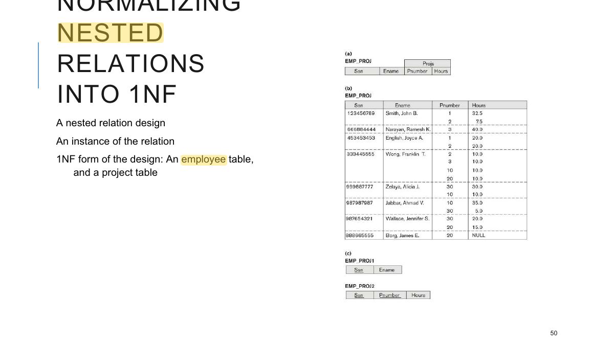Slide 51: EXAMPLE: NORMALIZING NESTED RELATIONS INTO 1NF