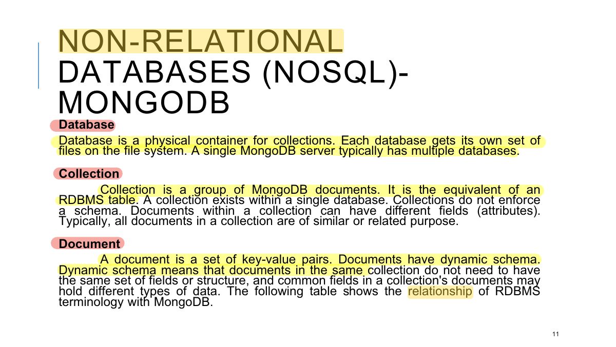 Slide 11: NON-RELATIONAL DATABASES (NOSQL)- MONGODB