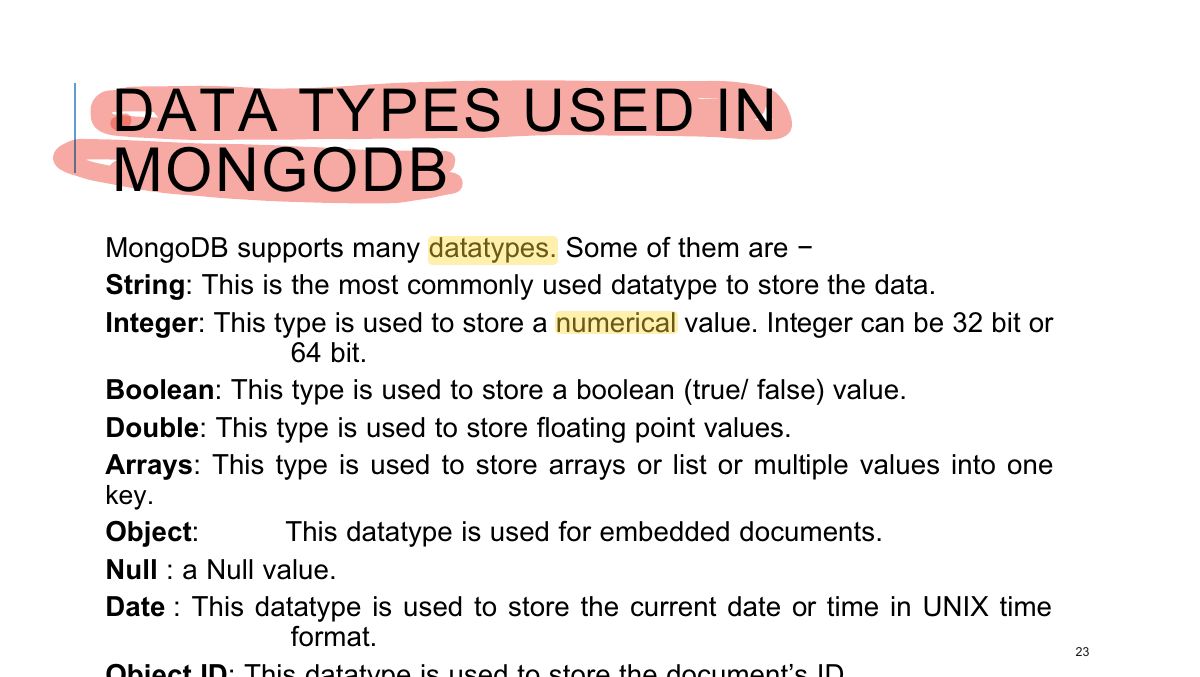 Slide 23: DATA TYPES USED IN MONGODB