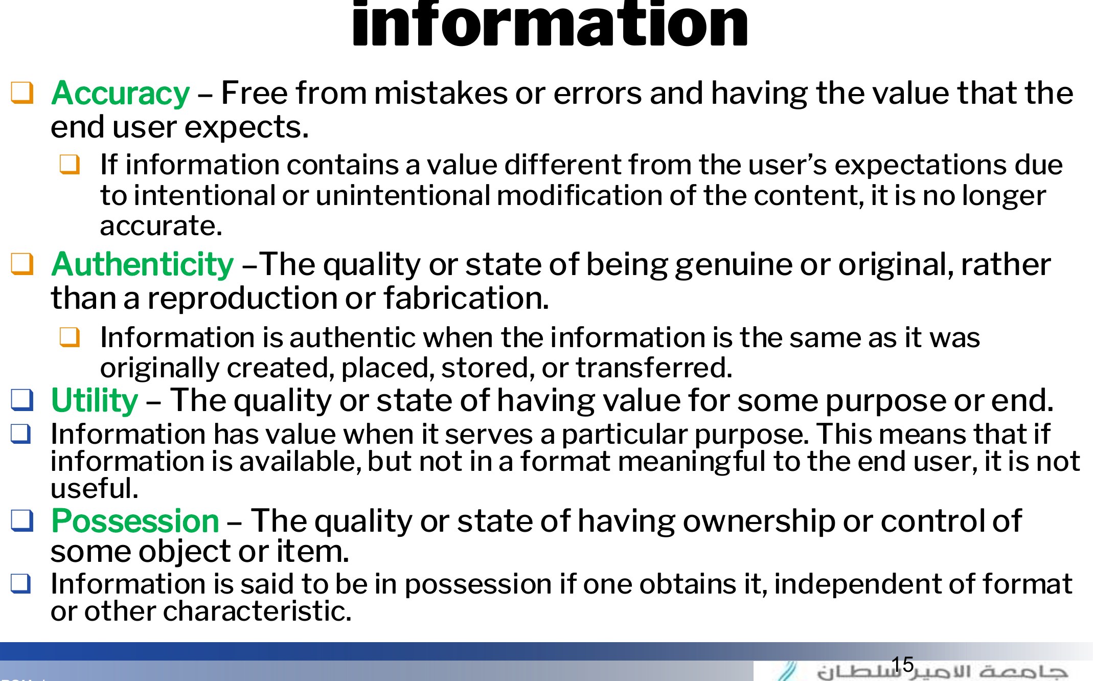 Critical characteristics of information