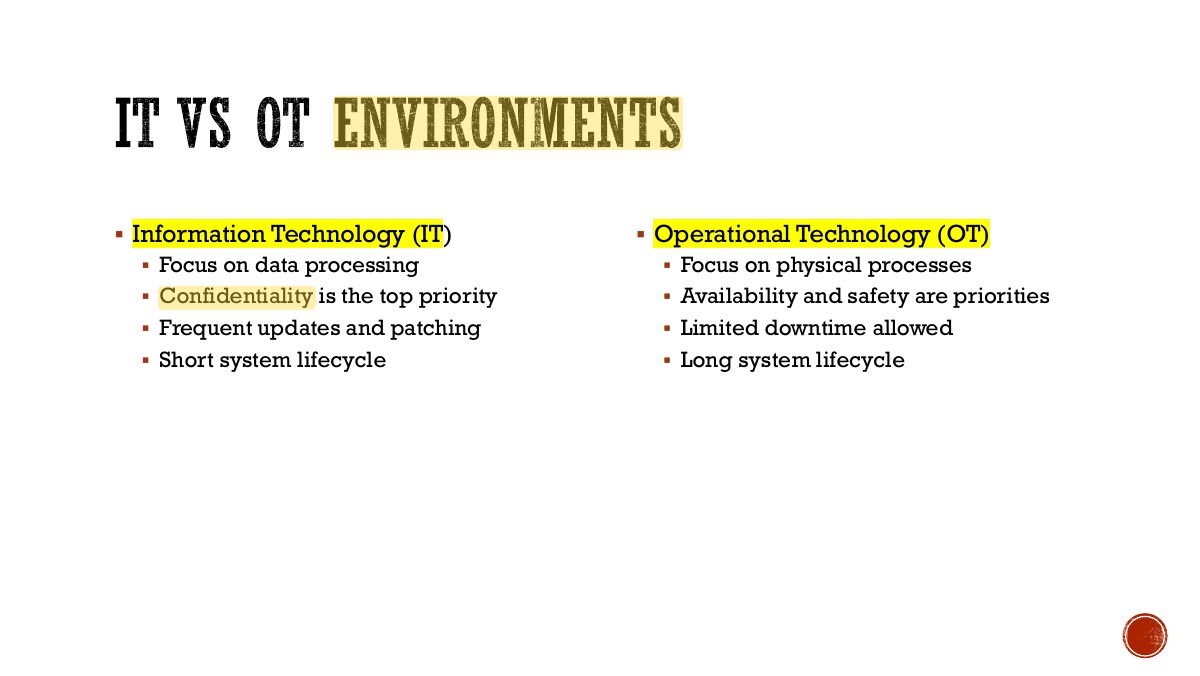 Slide 6: IT VS OT ENVIRONMENTS
