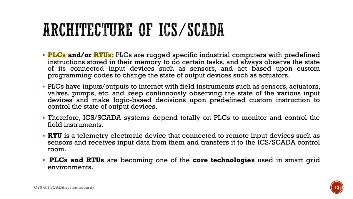 Slide 13: ARCHITECTURE OF ICS/SCADA