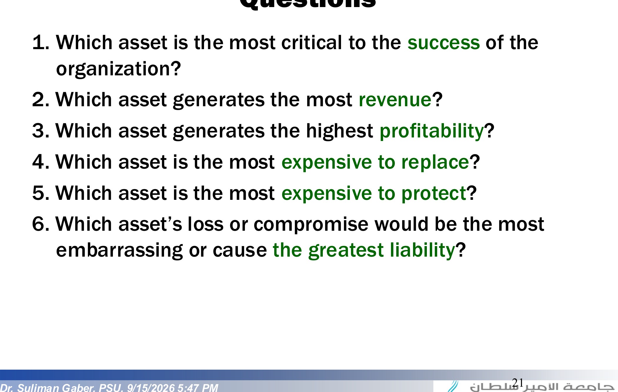 Assessing Values for Information Assets - Questions
