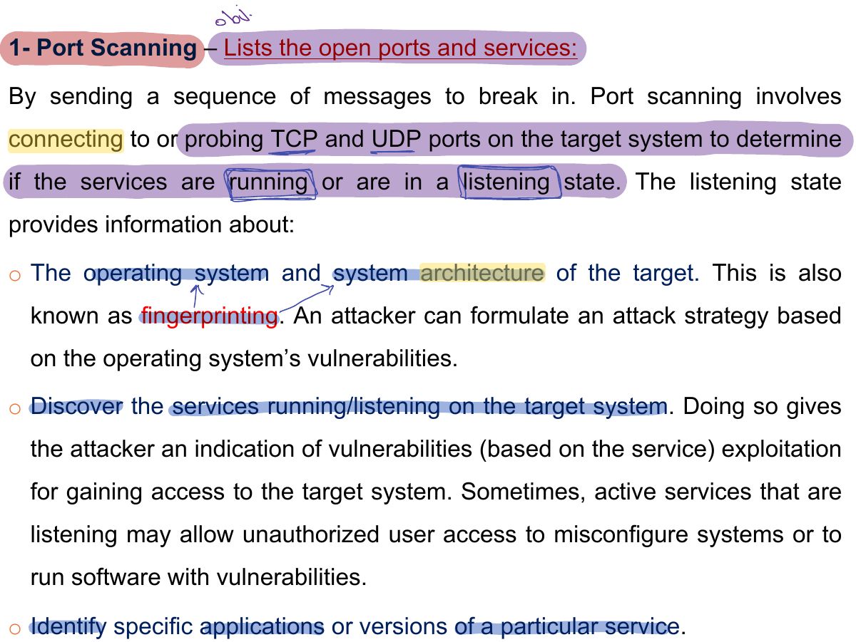 Slide 7: 1- Port Scanning – Lists the open ports and services: