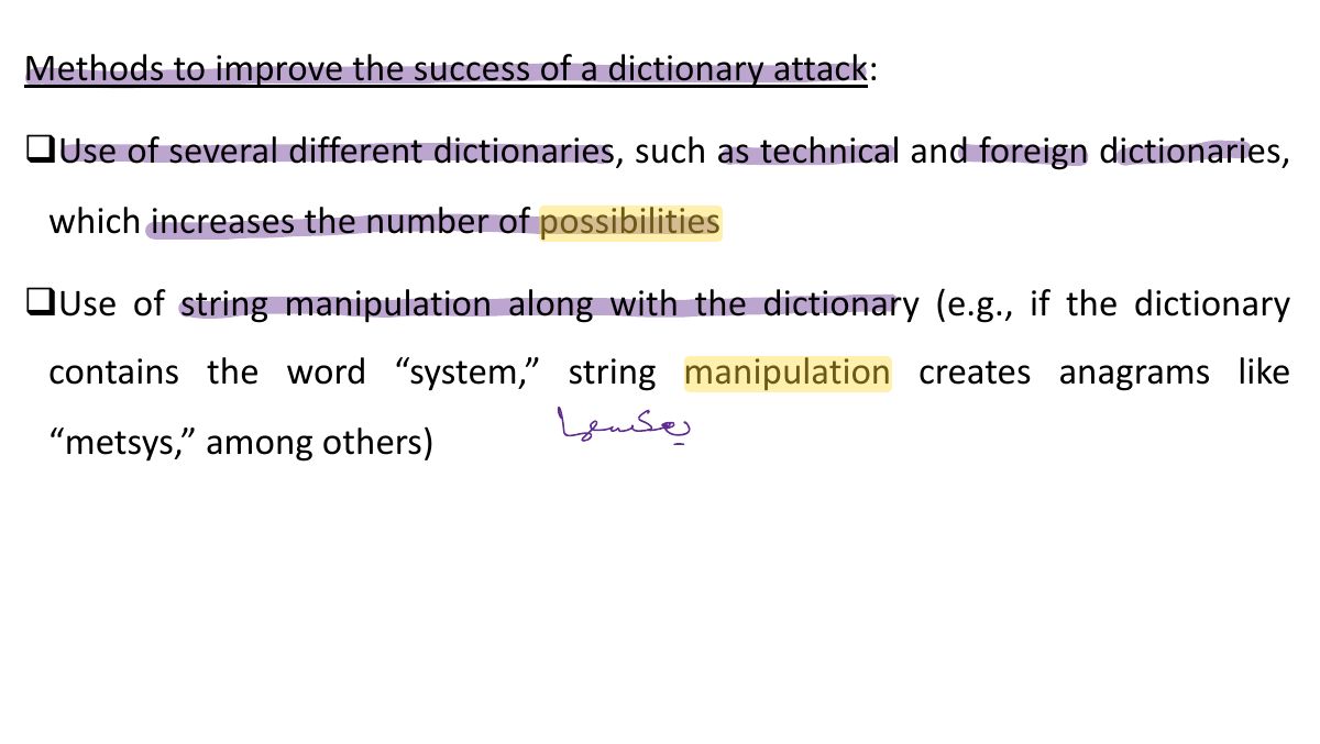 Slide 20: Methods to improve the success of a dictionary attack: