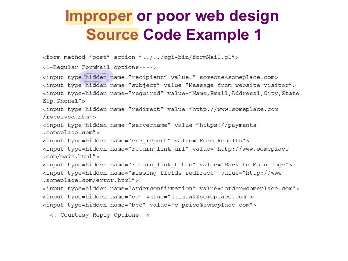 Slide 19: Improper or poor web design Source Code Example 1