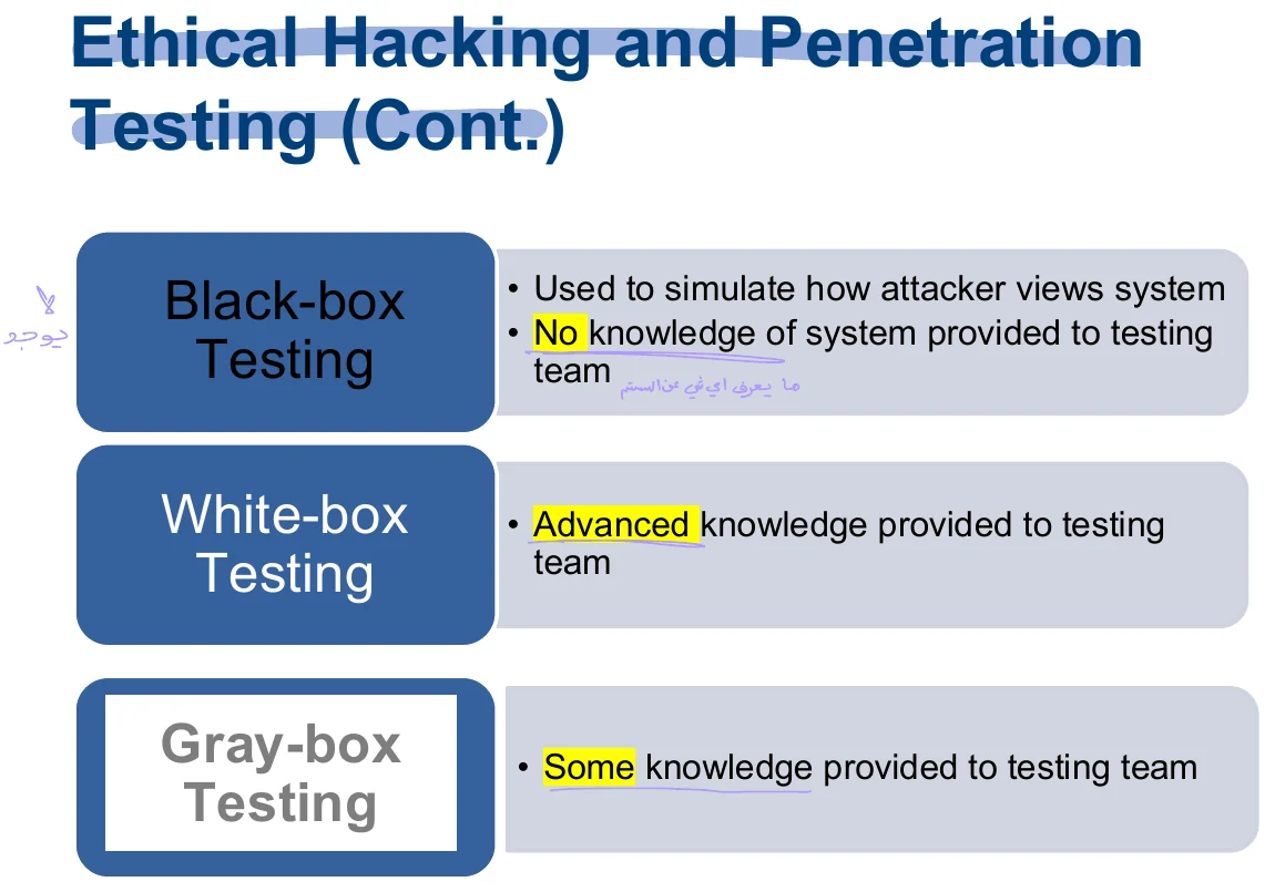 Black-box, white-box and gray-box testing.