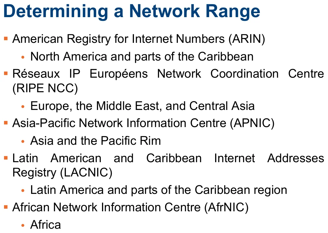 The five regional internet registries and their regions.
