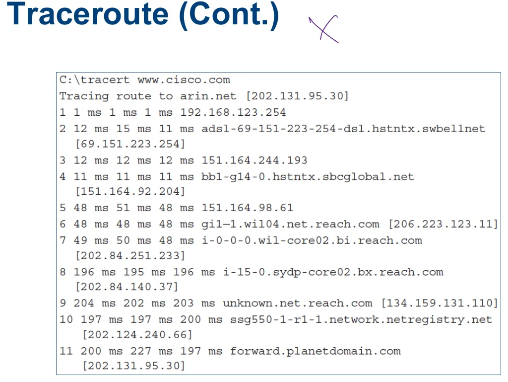 Traceroute output, hop by hop.